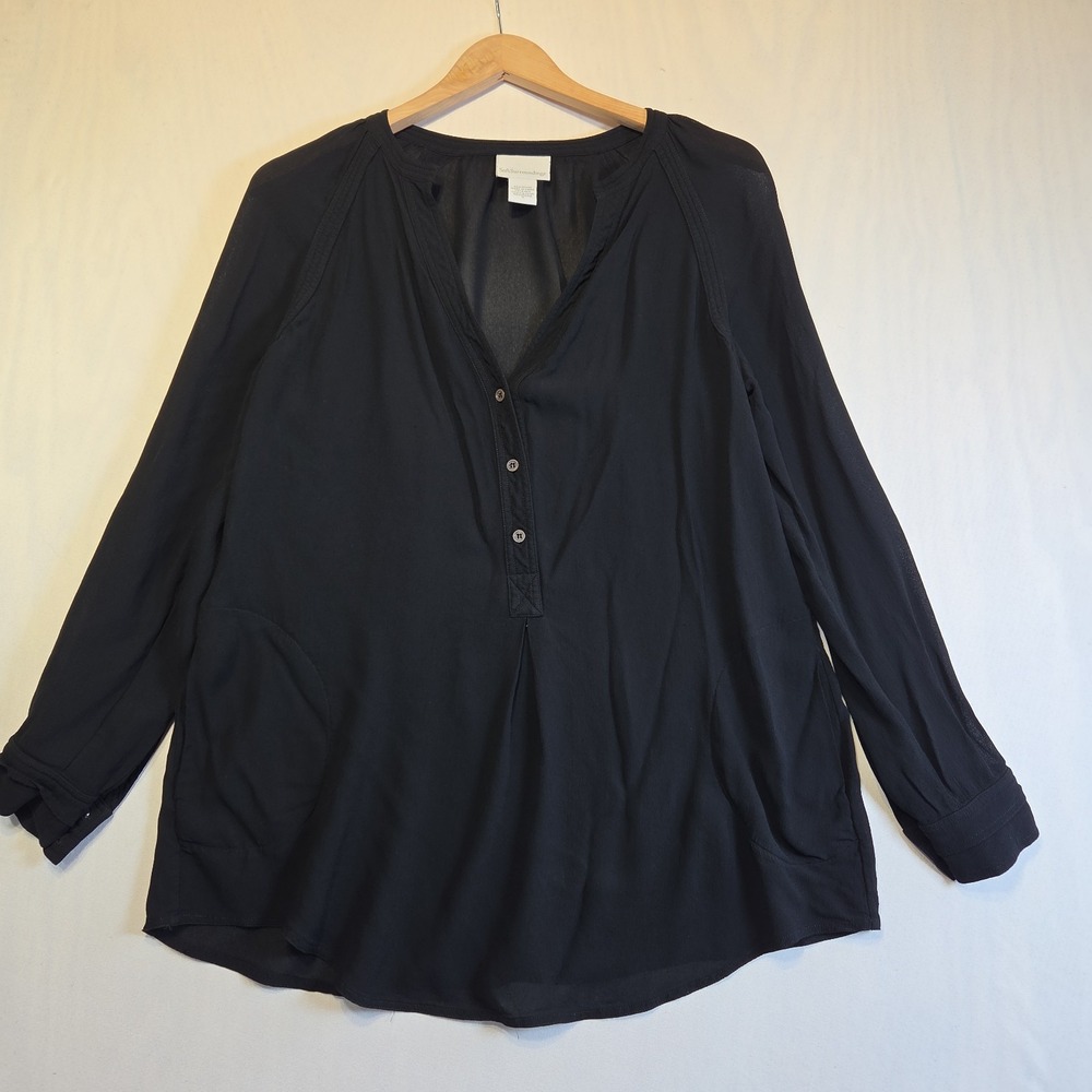 Soft Surroundings Black Semi Sheer Tunic Blouse Women M 100% Viscose Pockets Boh